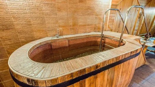 A wooden plunge pool with steel handrails in a bathhouse.