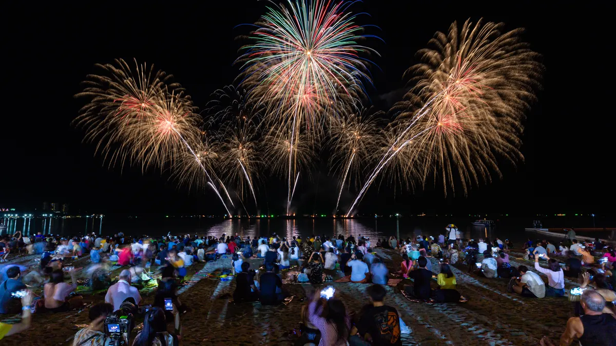 Menschen sehen nachts ein Feuerwerk