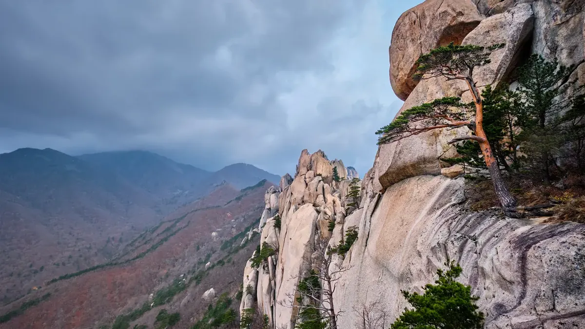 多云天空下雪岳山国家公园蔚山岩的花岗岩峰林