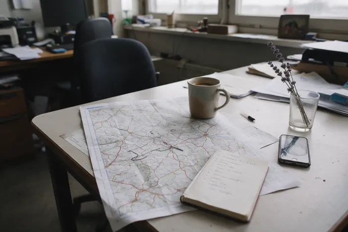 A road map and a notebook on a work table: bloom dates are held loosely until close to travel.