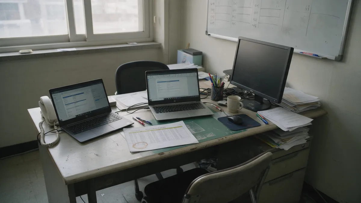 Un bureau de planification avec deux ordinateurs portables et un planning imprimé : une visite des vasières se prépare à partir de l'annuaire des marées du jour du voyage.