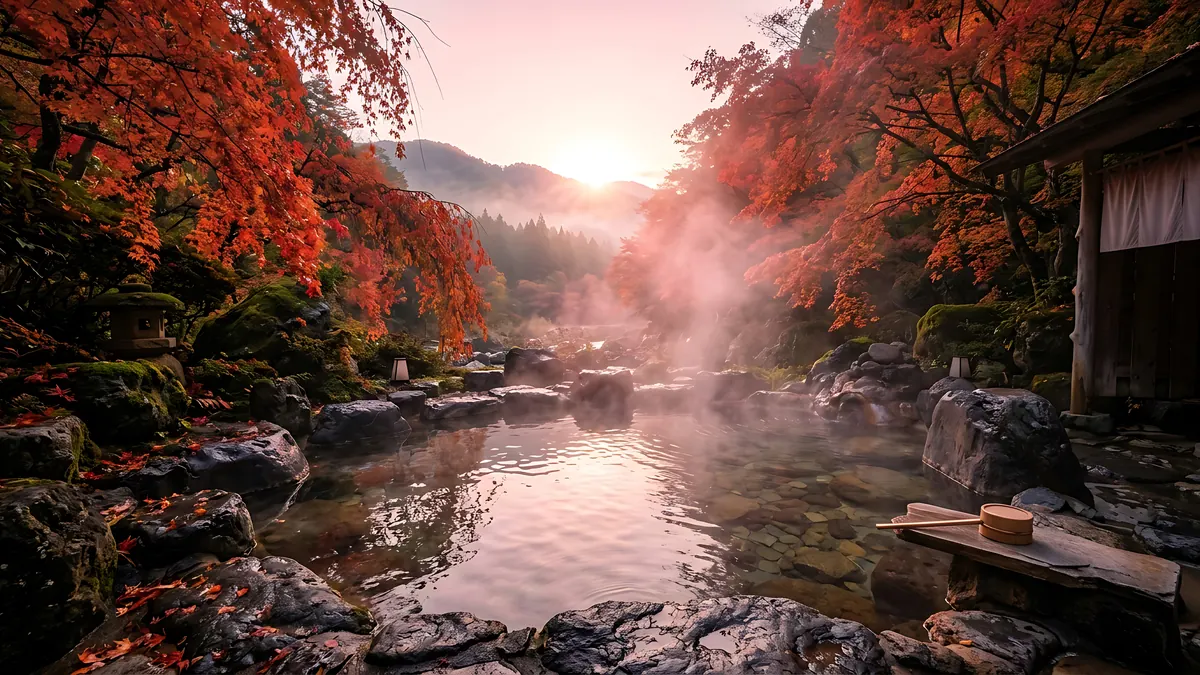 Un bain thermal en plein air à côté d'arbres d'automne