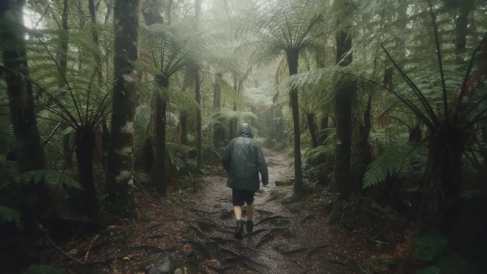 A walker in a rain jacket on a muddy track between tree ferns