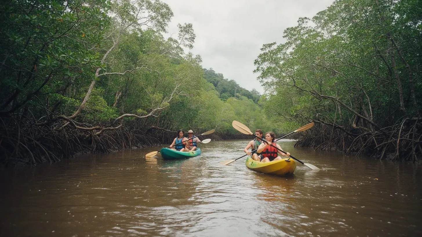 Des kayaks sur une rivière de mangrove. Une sortie guidée en kayak est l'activité principale d'Iriomote.