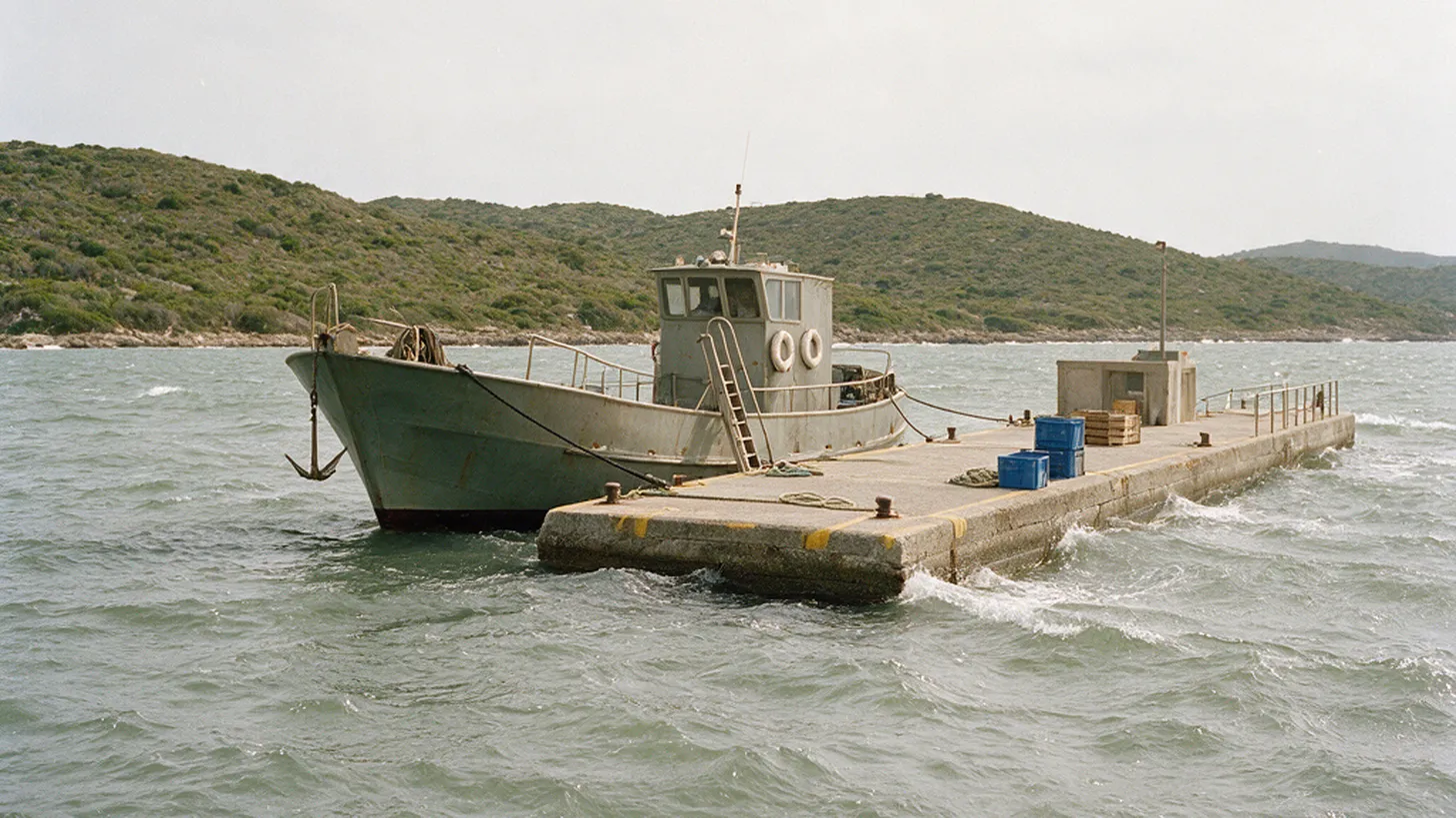 Un petit bateau le long d'un quai en béton, sur une eau grise et agitée. La météo décide si les traversées entre îles ont lieu.