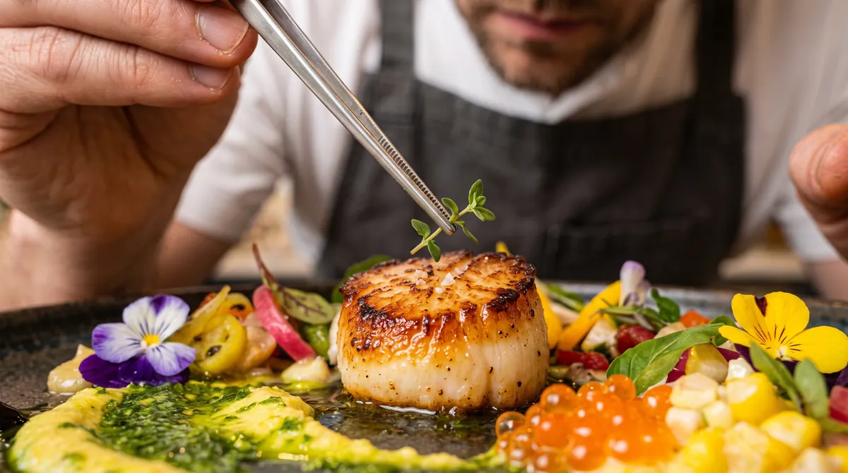 Un chef remata con pinzas un plato emplatado con flores y hierbas
