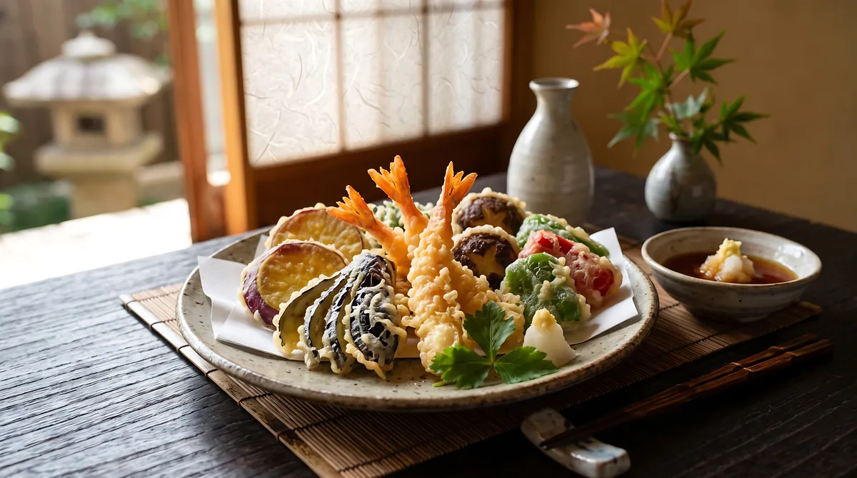 Una fuente de tempura de langostinos y verduras sobre una mesa de madera