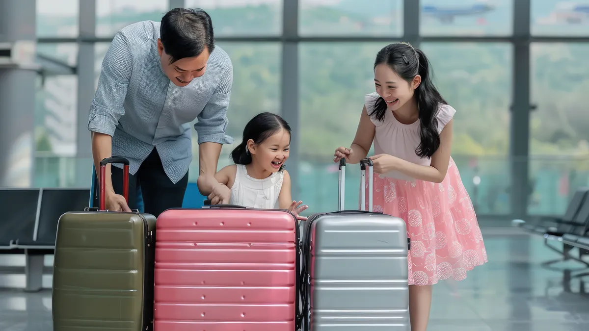 A family with suitcases getting ready to travel at an airport terminal