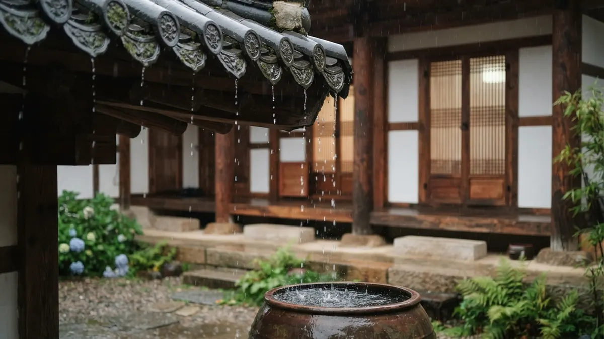 Rain dripping from the tiled roof of a traditional Korean house into a large clay jar in the courtyard