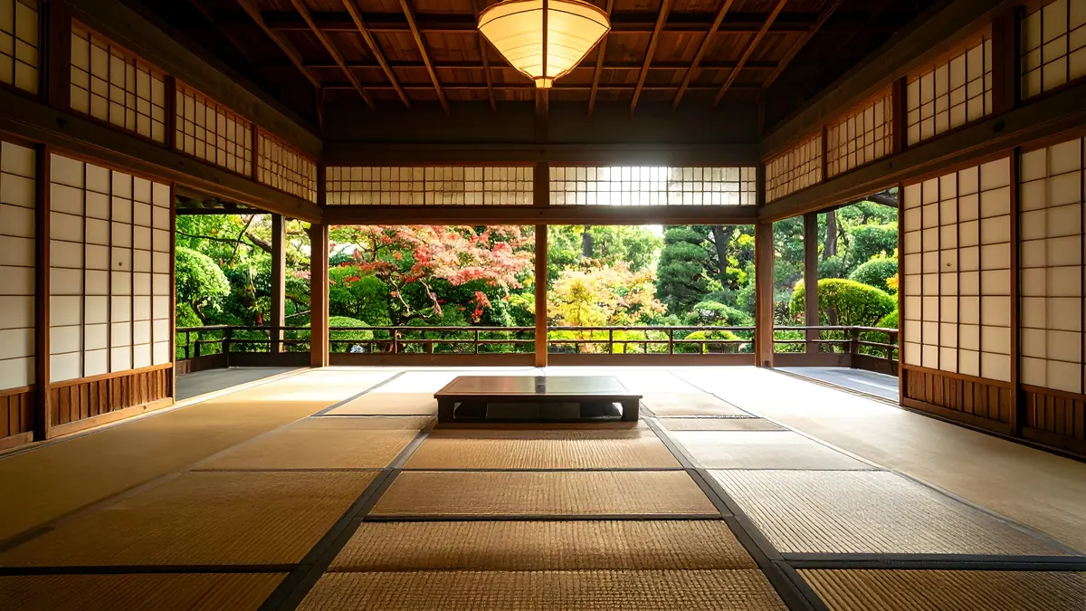 A traditional tatami room opening onto a green garden