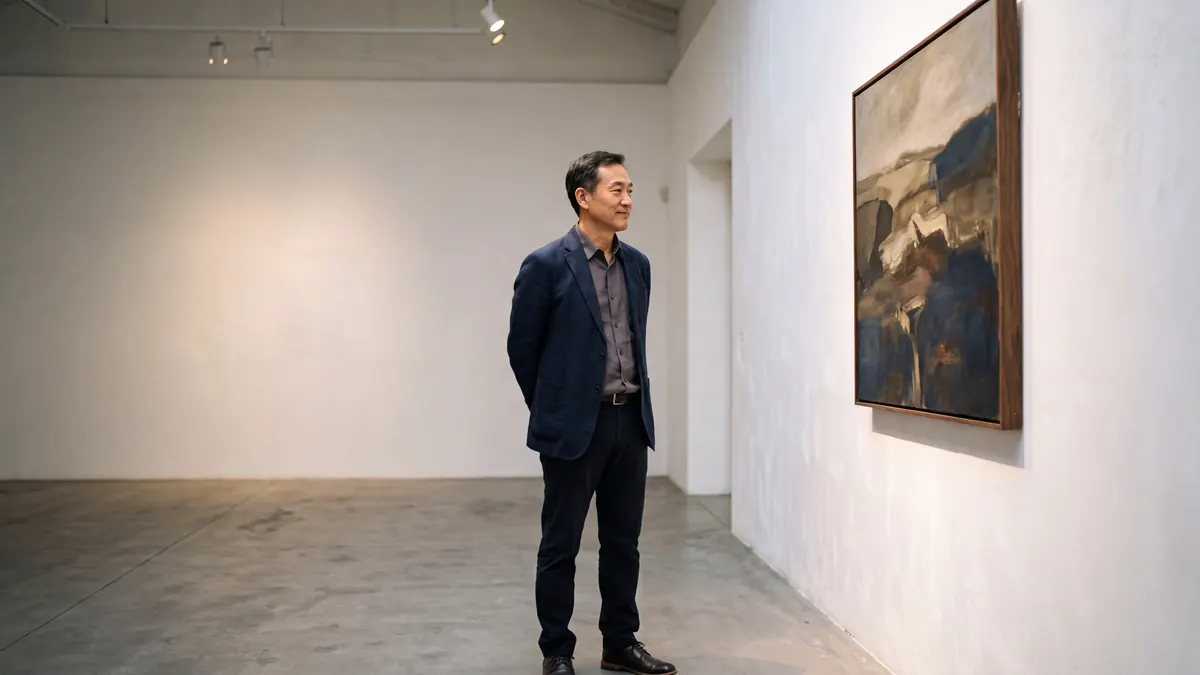 Un visiteur regarde un tableau dans une galerie d'art