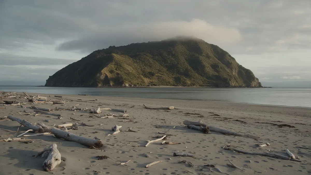 Eine bewaldete Insel, gesehen über einen Strand mit Treibholz