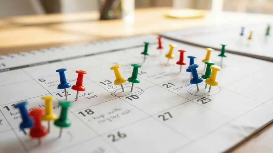 Push pins marking dates on a paper wall calendar