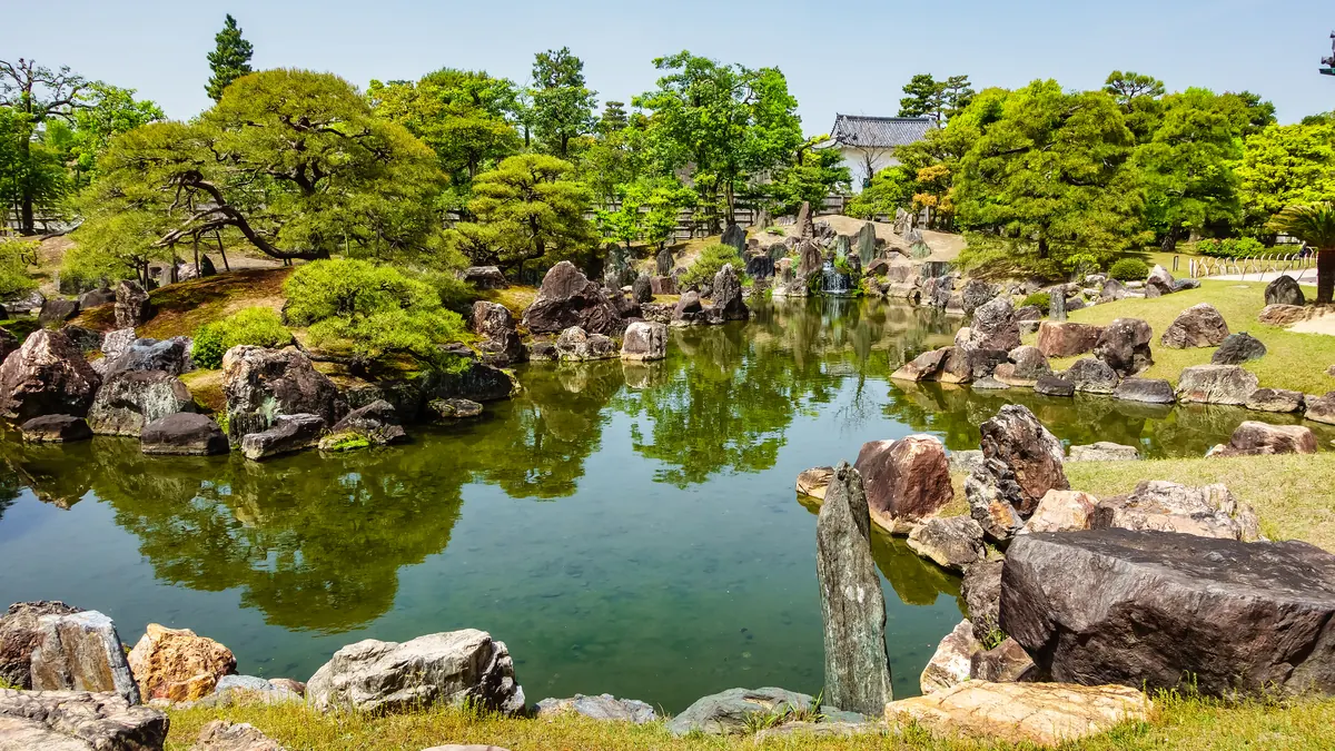 A garden pond with rocks and green plants at Nijo Castle