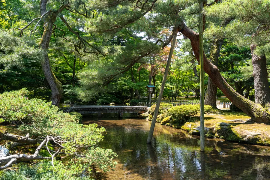 A stream between pines in a Kanazawa garden: the city works as the base, and Noto becomes a day out from it.