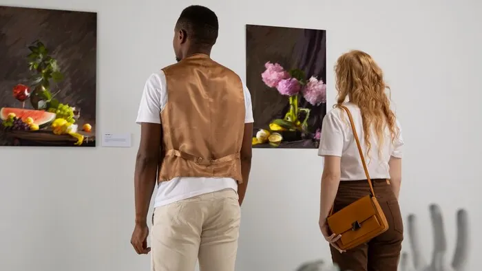 Zwei Besucher betrachten gerahmte Stillleben an einer Galeriewand.