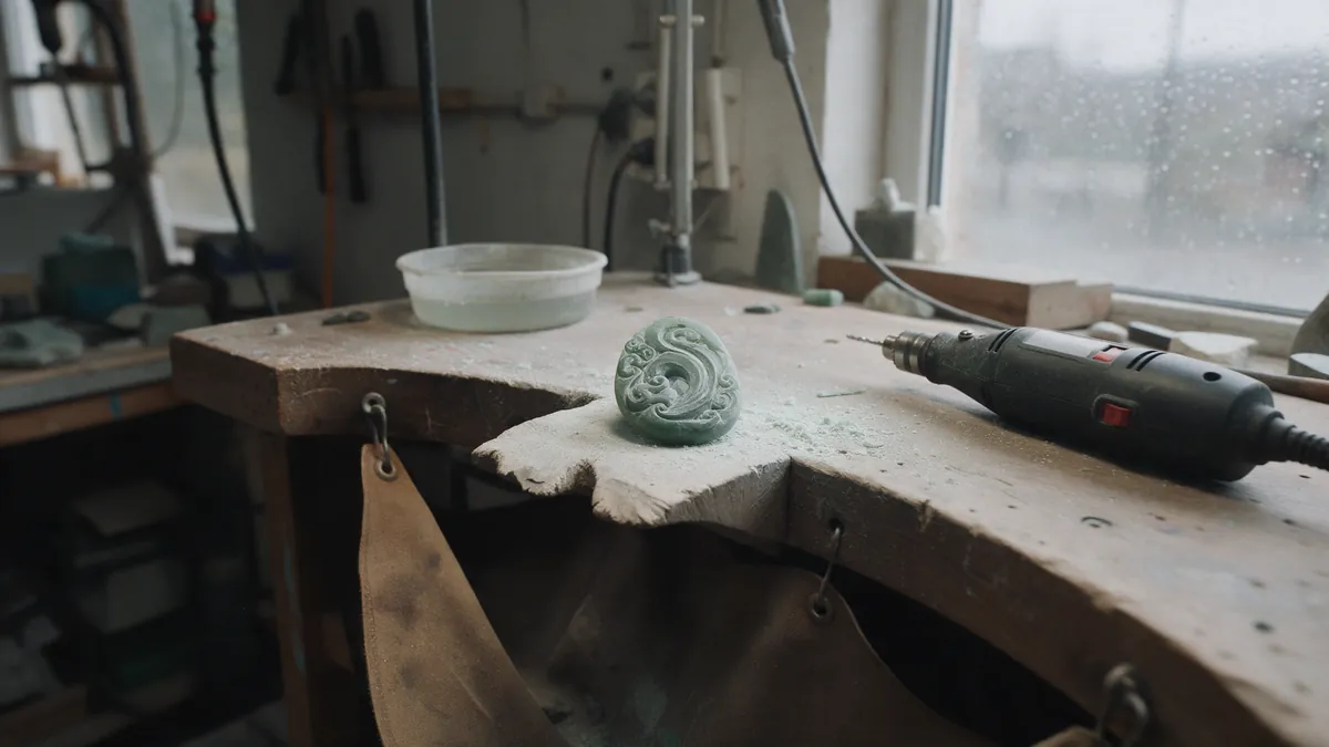 A carved green stone pendant on a carving workbench beside a hand drill