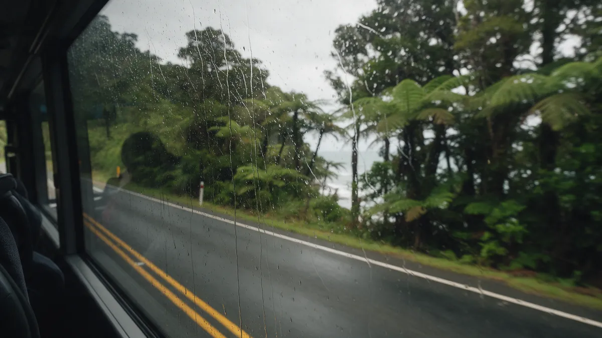 Rain on a coach window above a wet road through coastal forest