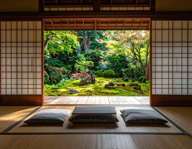 床に座布団を並べ、緑の庭に面して開けた畳の部屋。