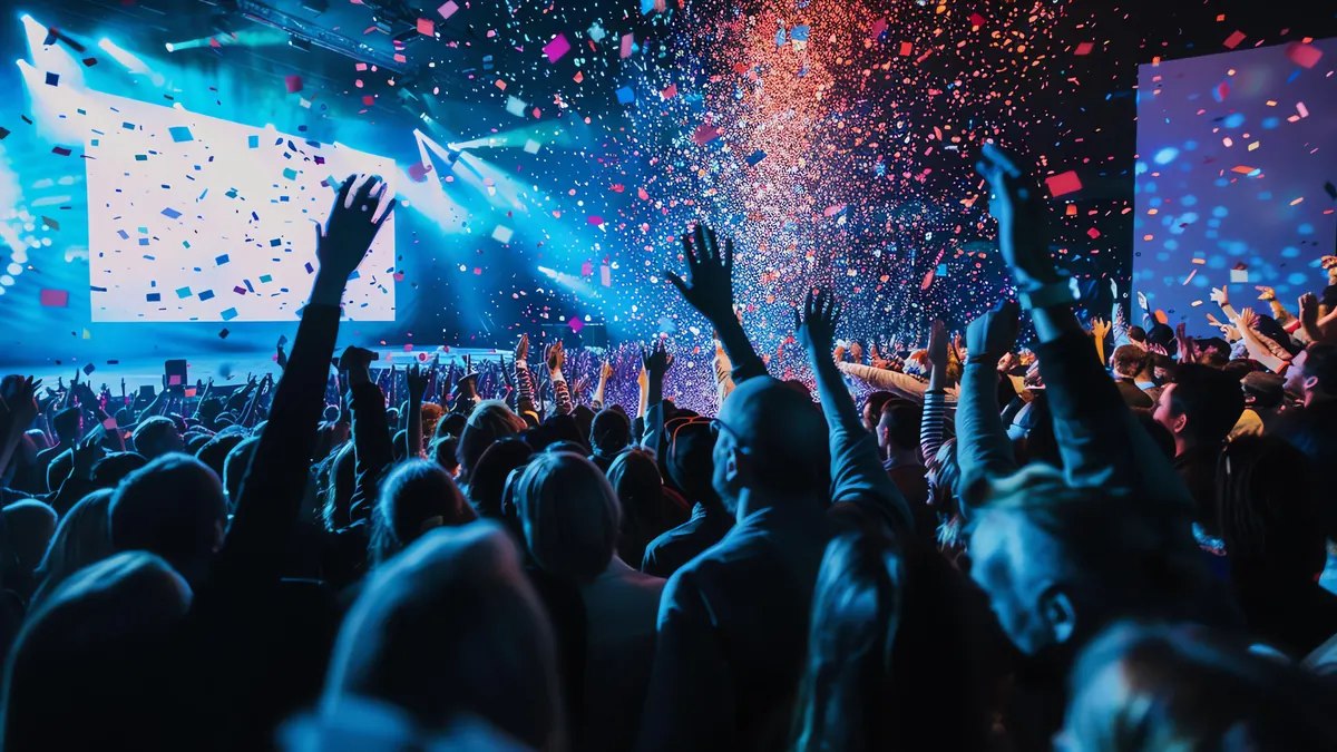 A concert crowd with their hands in the air