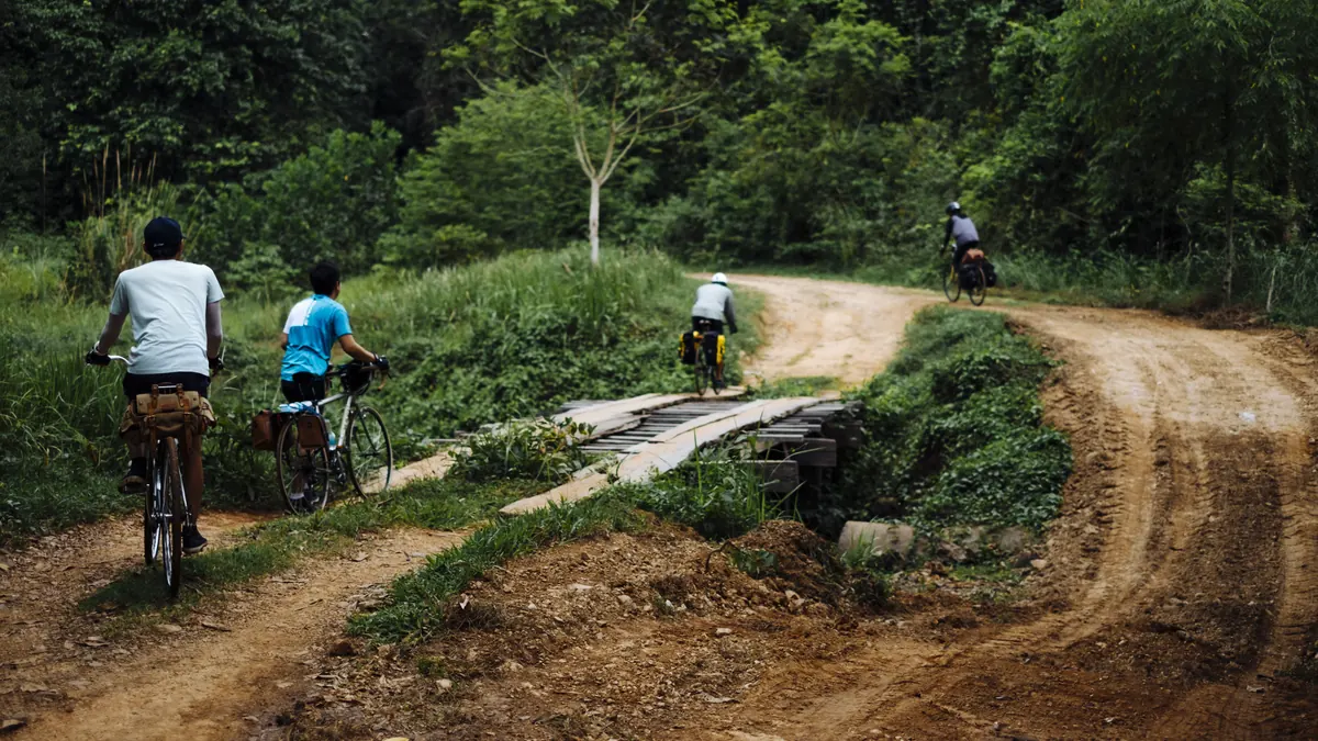 Cyclists riding a dirt trail through green bush, one crossing a small timber bridge