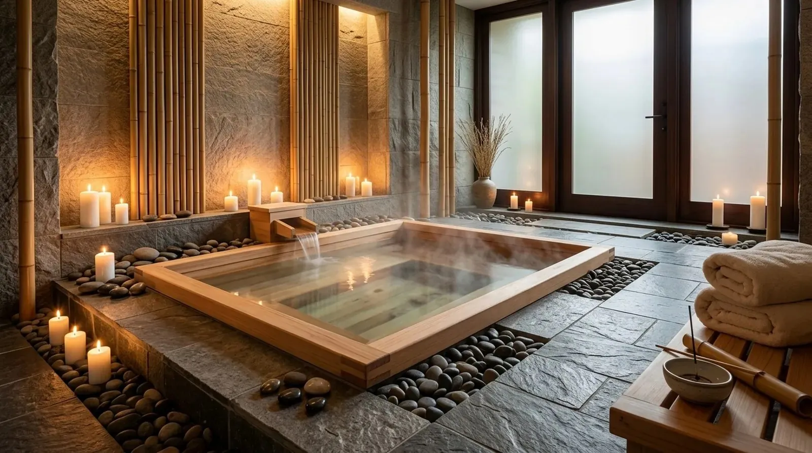 A traditional wooden soaking tub in a calm spa room.