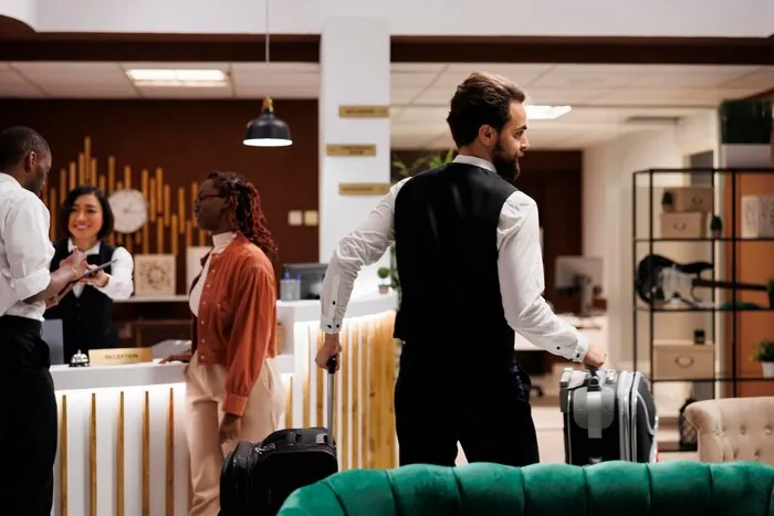 Ein Hotelpage nimmt an der Rezeption die Koffer der Gäste entgegen.